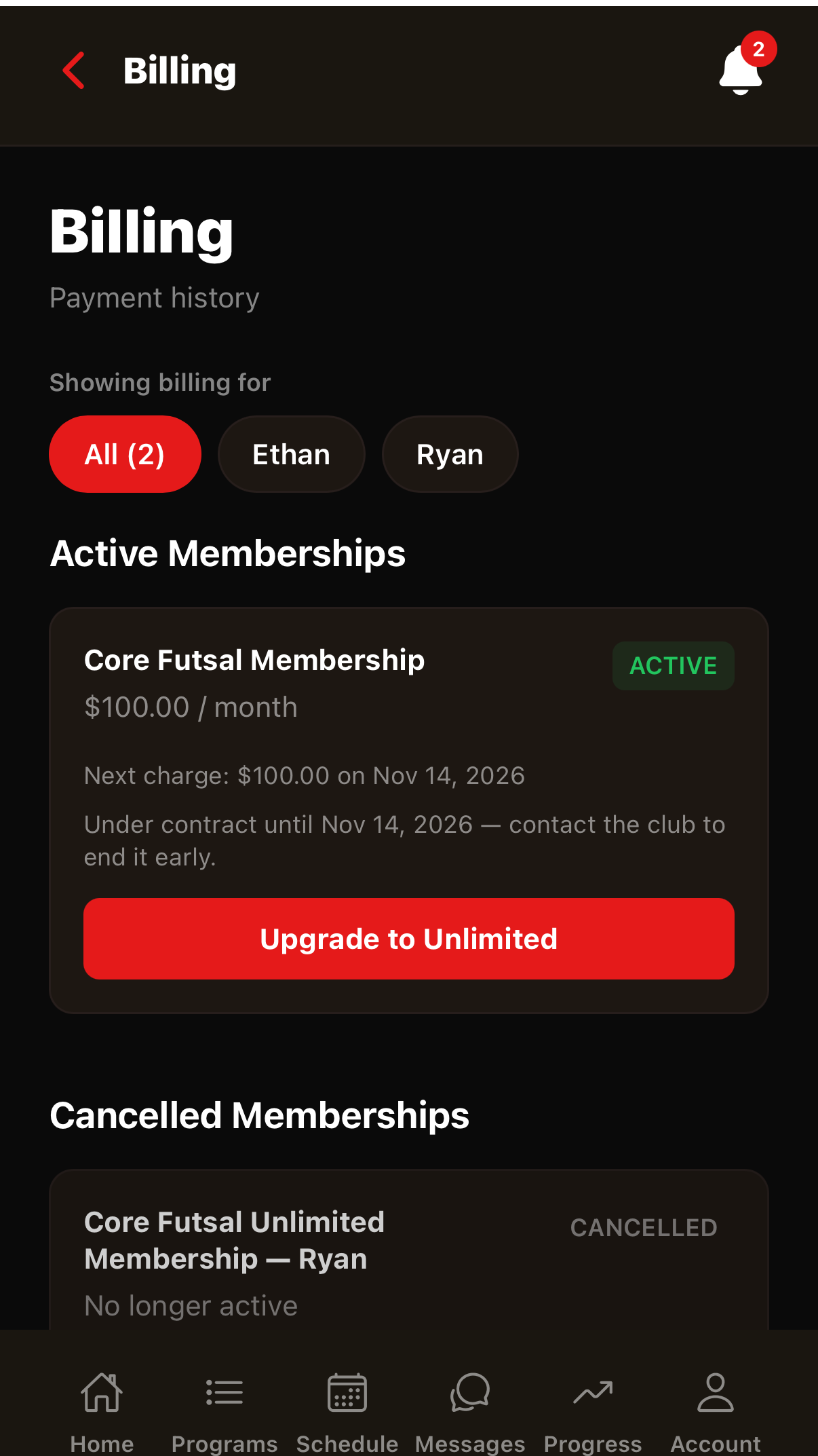 Billing screen in the Futuro app