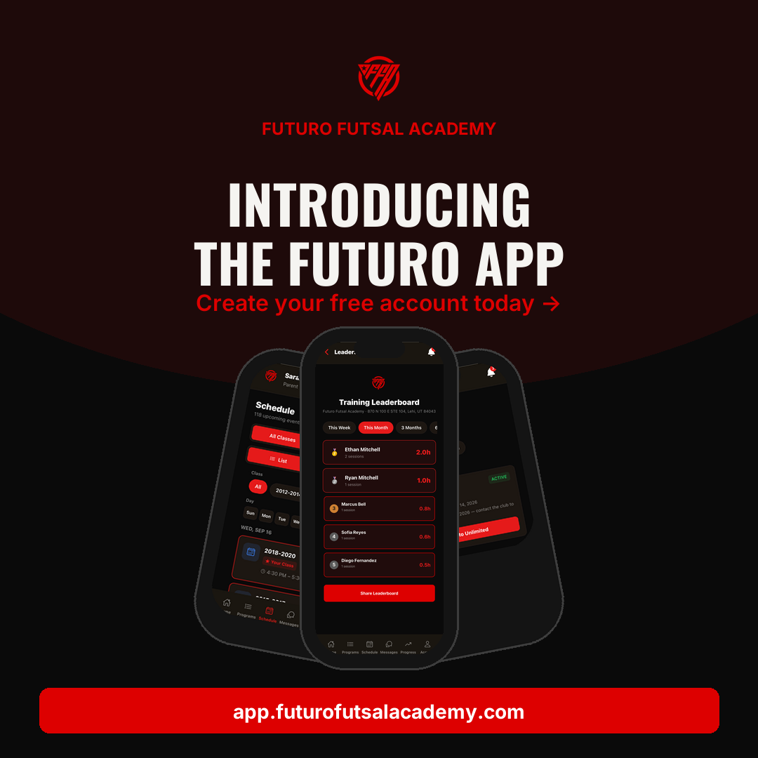 Introducing the Futuro App: announcement graphic with phone screens showing the schedule and training leaderboard