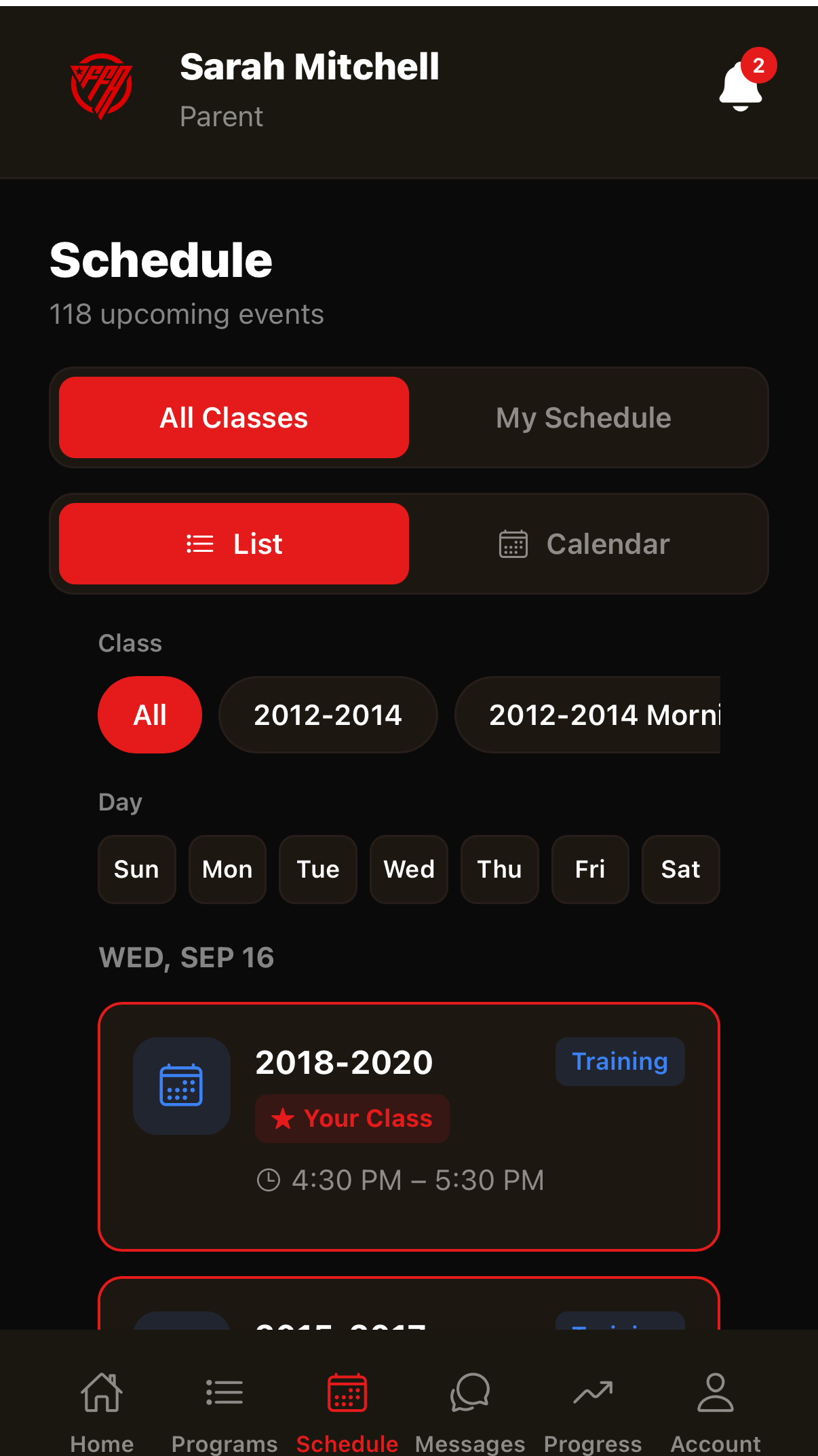 Schedule screen in the Futuro app